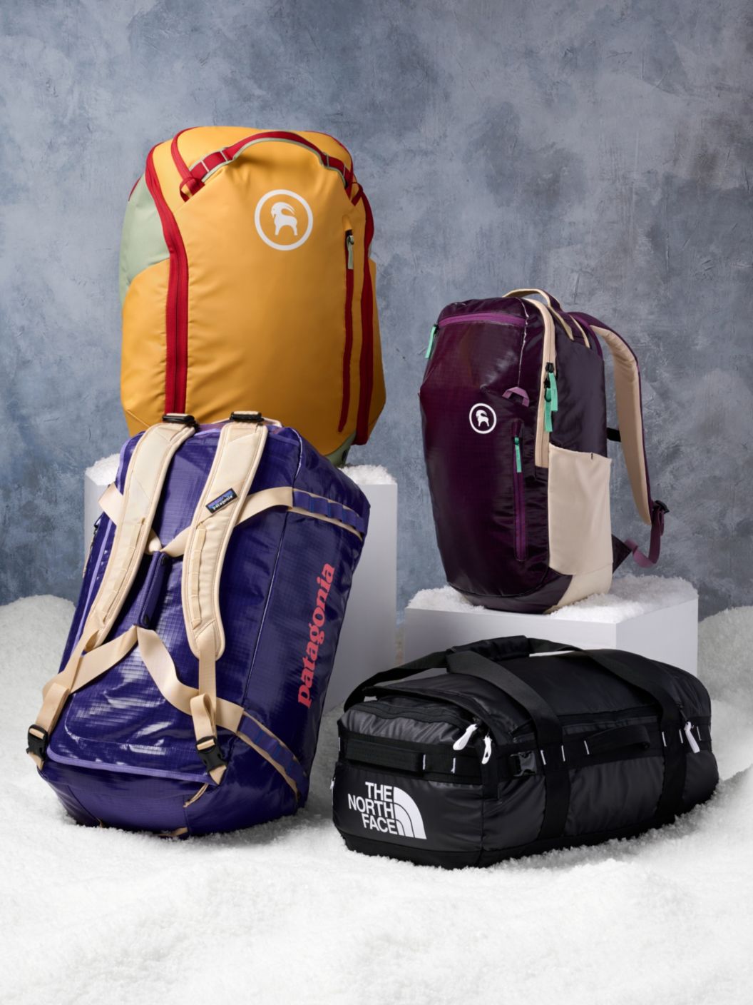A collection of duffel bags, backpacks, ski bags & totes. 